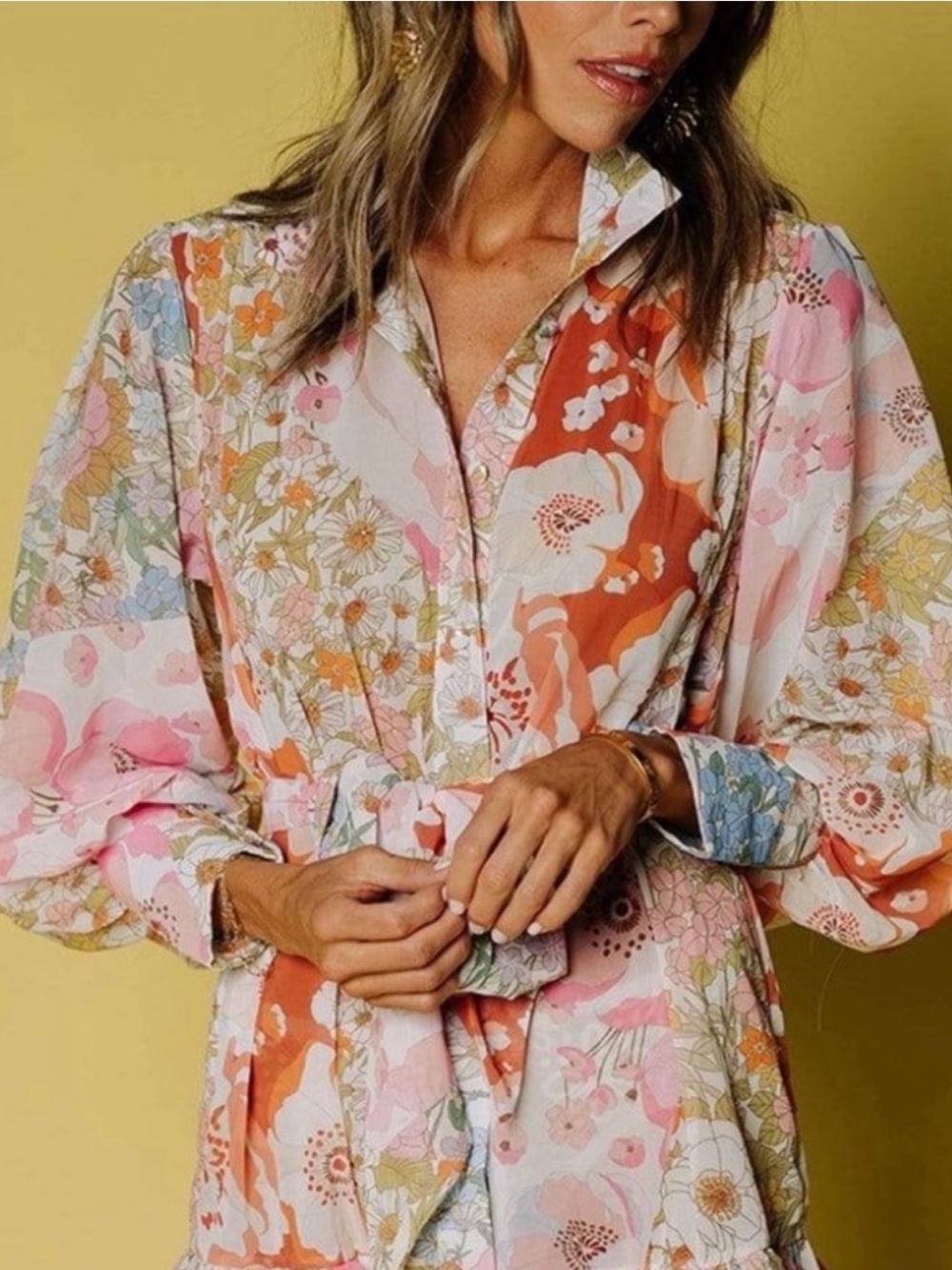 Pink Ripple Boho Tunic Dress Colorful Floral Pastel Patchwork Buttondown Medium - Picture 2 of 9